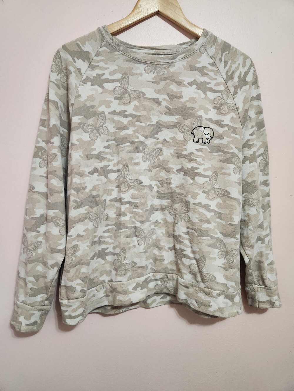 Ivory Ella Tan Butterfly Camo Embroidered Elephant Boxy Crewneck Sweatshirt S